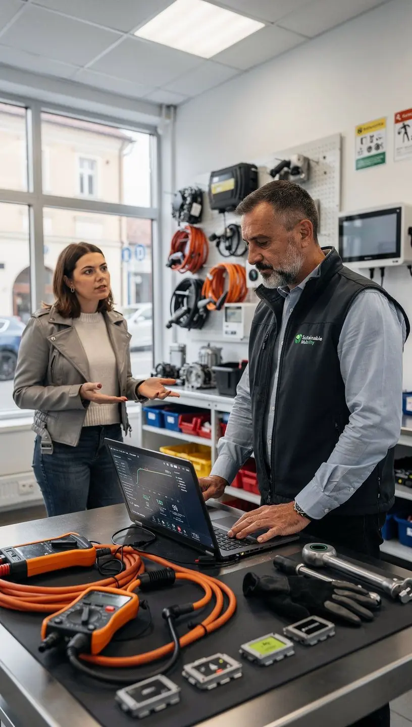 Servisný tím vykonávajúci údržbu batérie elektrického auta v špecializovanej dielni