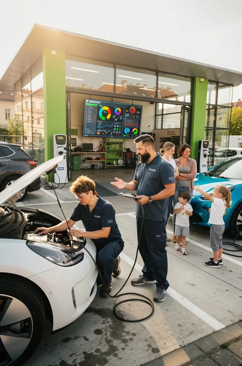 Infografika zobrazujúca proces diagnostiky a údržby batérií pre hybridné a elektrické vozidlá